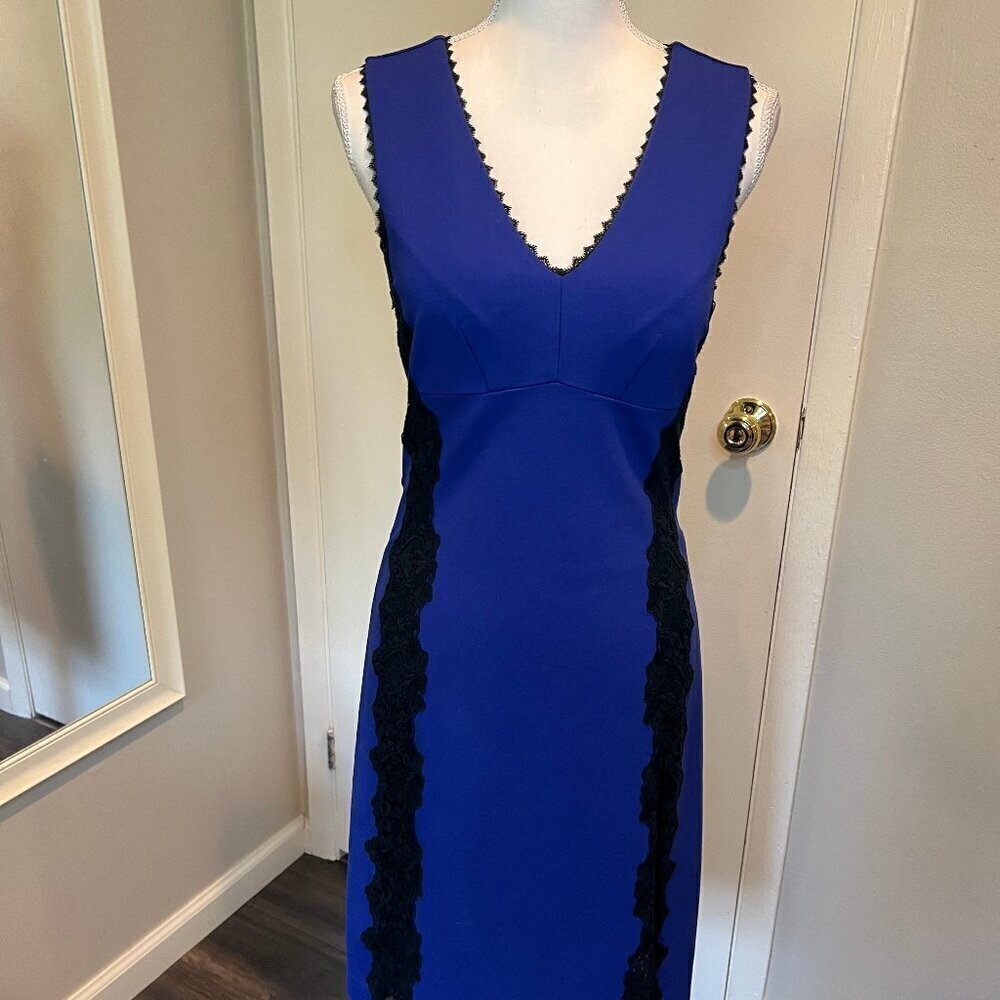 Rebecca Taylor Royal Blue with Black Lace Trim Sleeveless Midi Dress, Size 2